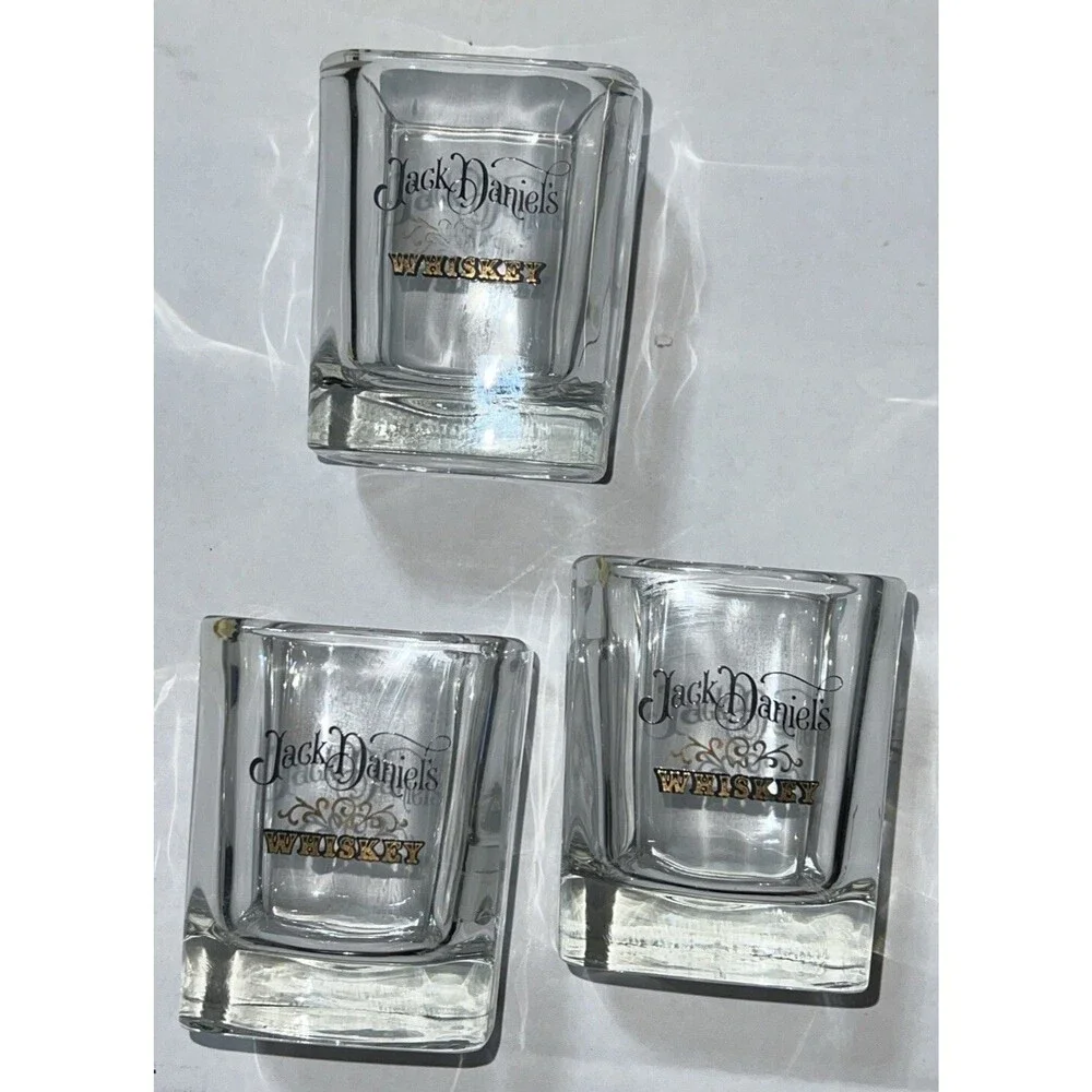 Jack Daniels Whiskey Square Rocks Glasses Black & Gold Graphics Set of 3 New